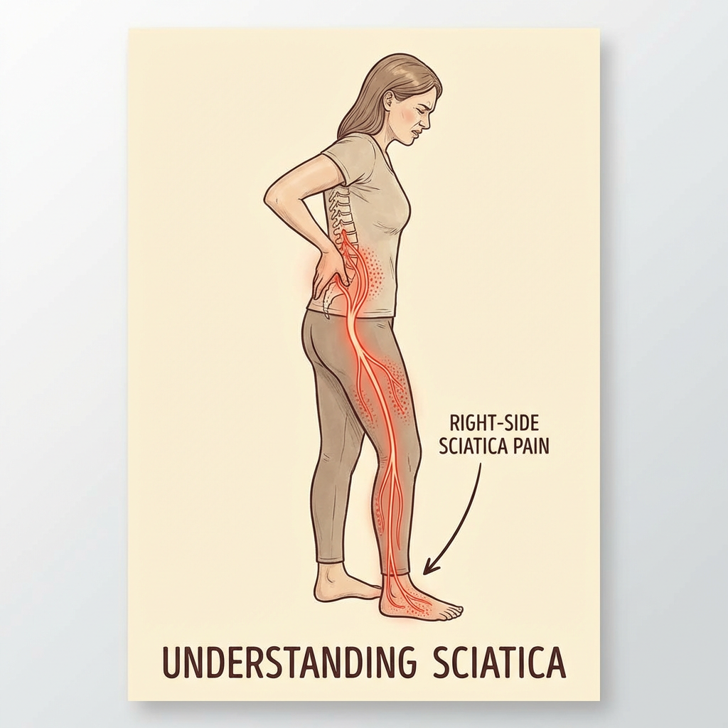 Medical diagram titled Understanding Sciatica showing right-side sciatica pain radiating down a woman's leg.