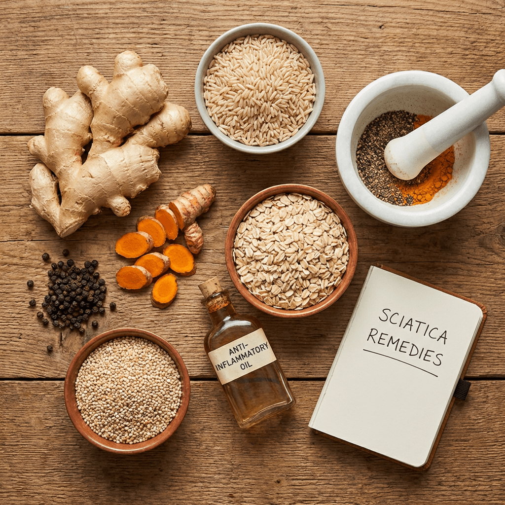 Natural ingredients like ginger, turmeric, and grains next to a Sciatica Remedies notebook.