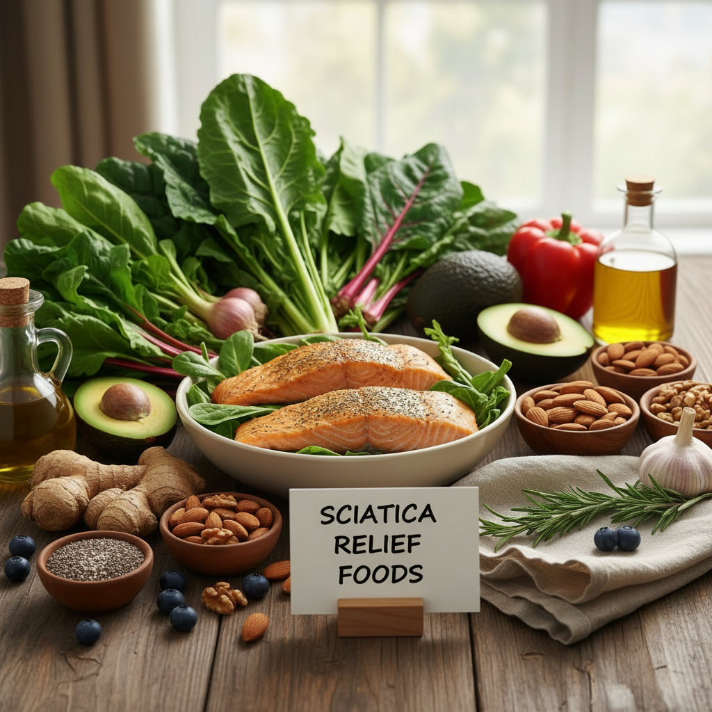 Assortment of anti-inflammatory foods with a card reading SCIATICA RELIEF FOODS.
