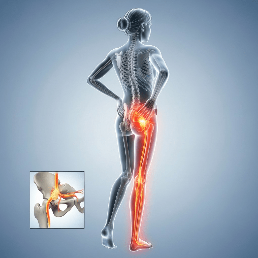 Anatomical diagram labeling Lumbar Spine, Sacrum, Piriformis Muscle, Sciatic Nerve, and Sciatic Nerve Compression.
