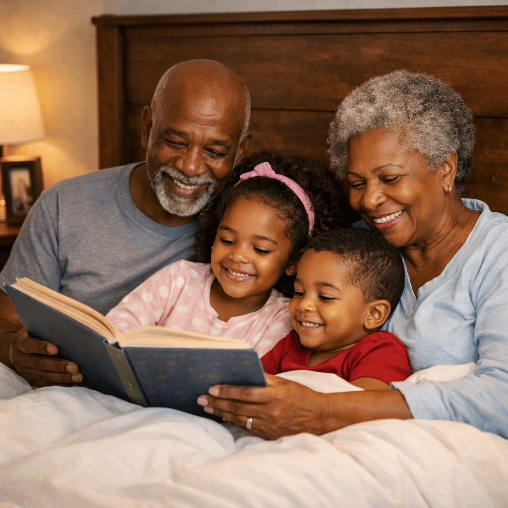 Two grandparents and two children reading a book together in bed