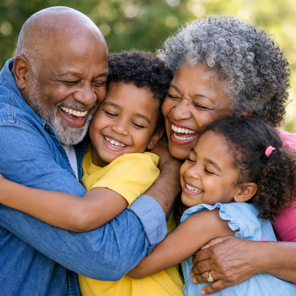 Two elderly adults and two children smiling and hugging each other warmly